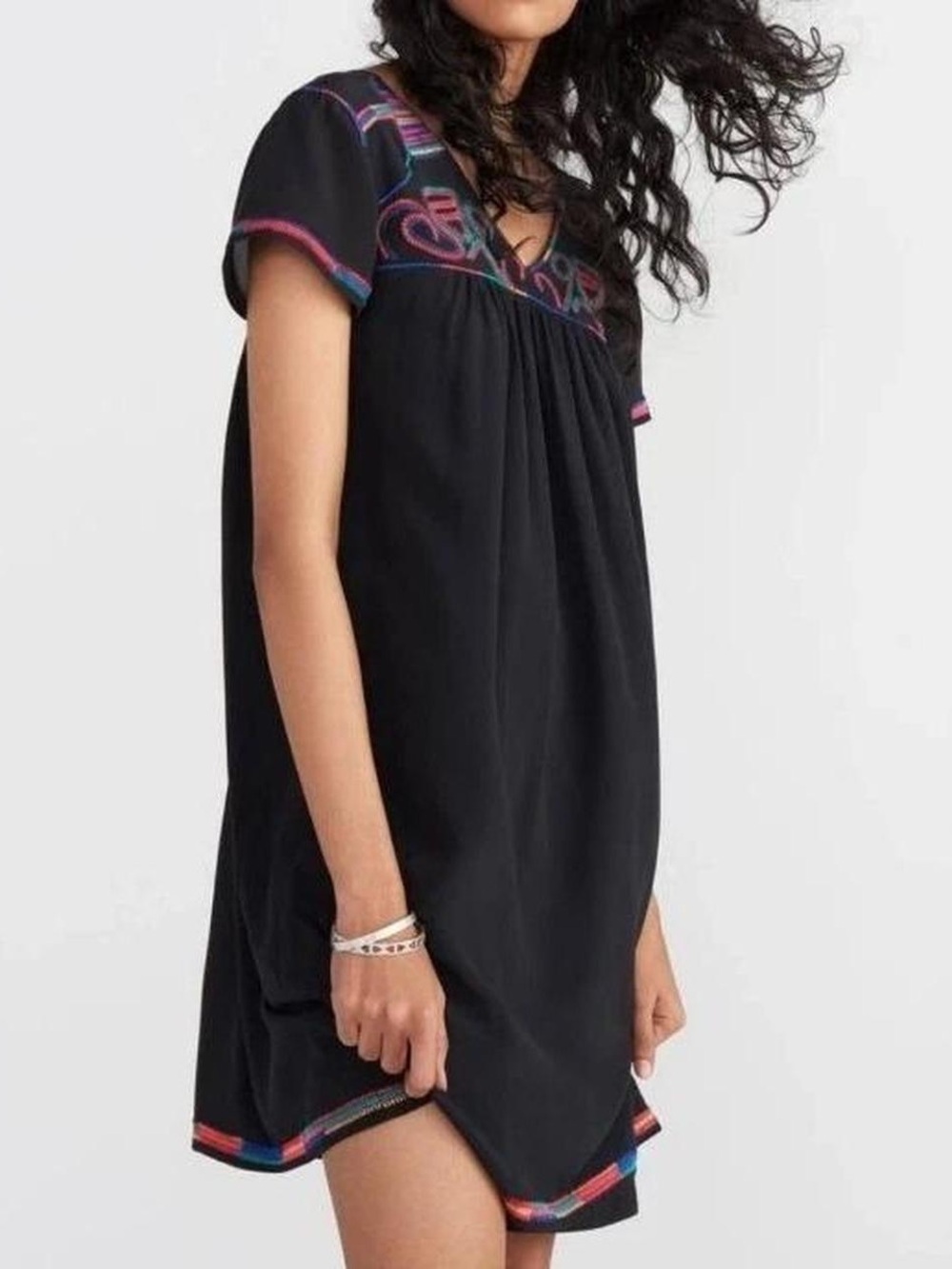 Madewell Embroidered 100% Silk Black Shift Dress XXS